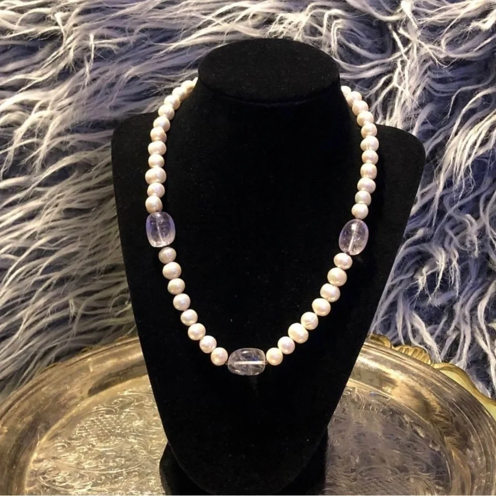 Vintage Ringed Pearl And Amethyst Princess Necklace Sterling Silver By GSJ